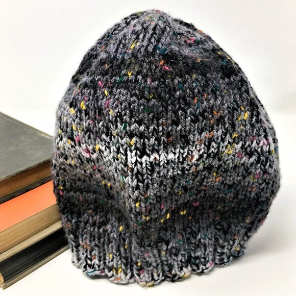 Handknitted Grey Black Tweed Ombré Ribbed Edge Beanie Hat - Picture 2 of 15